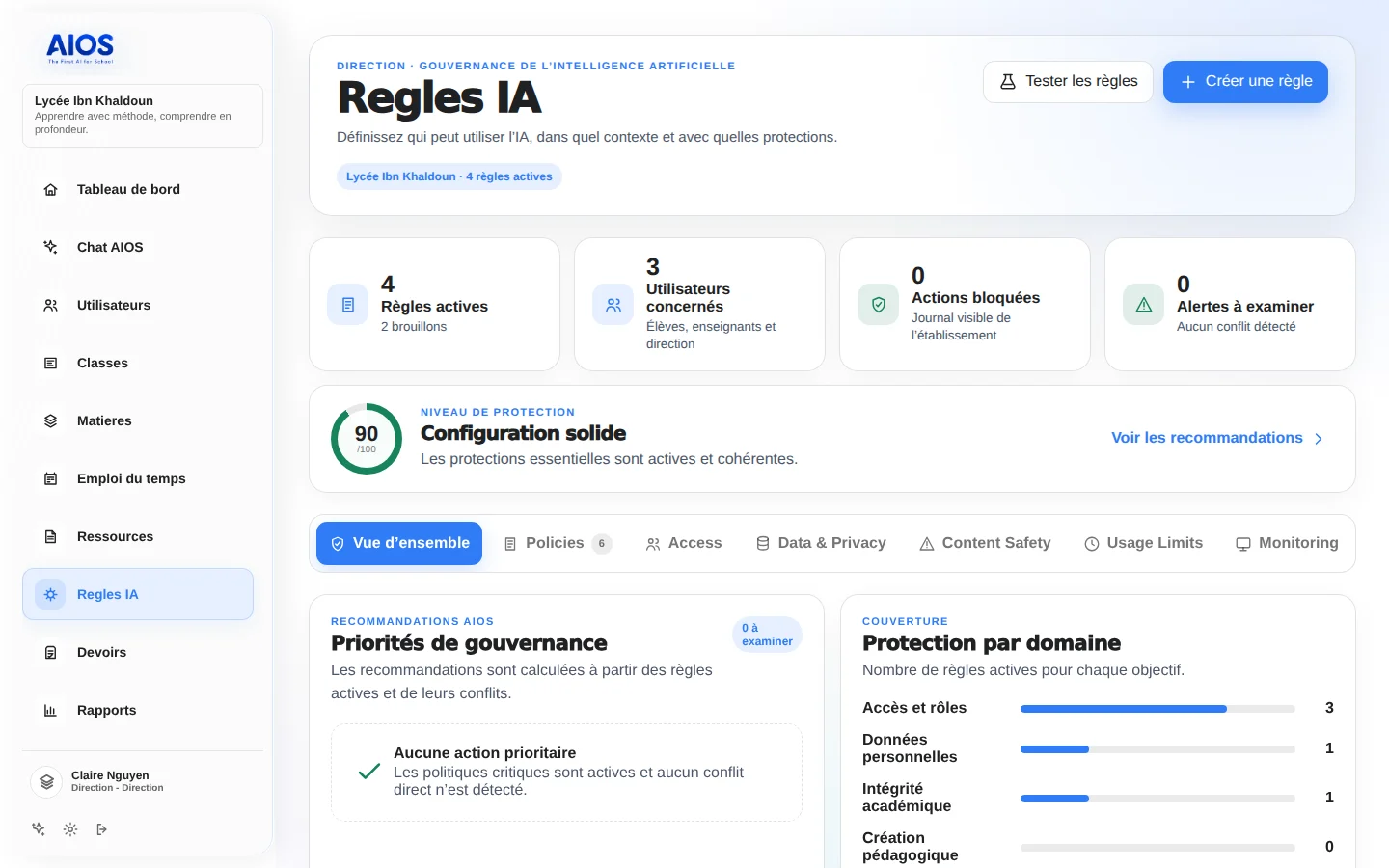 Écran des règles d’usage côté direction : règles actives, niveau de protection et couverture par domaine.
