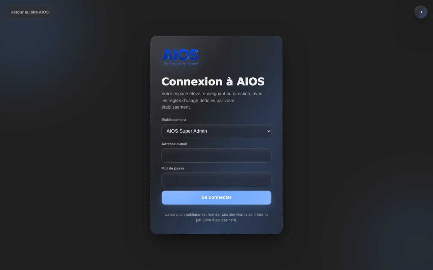 Écran de connexion AIOS : choix de l’établissement, adresse e-mail et mot de passe.