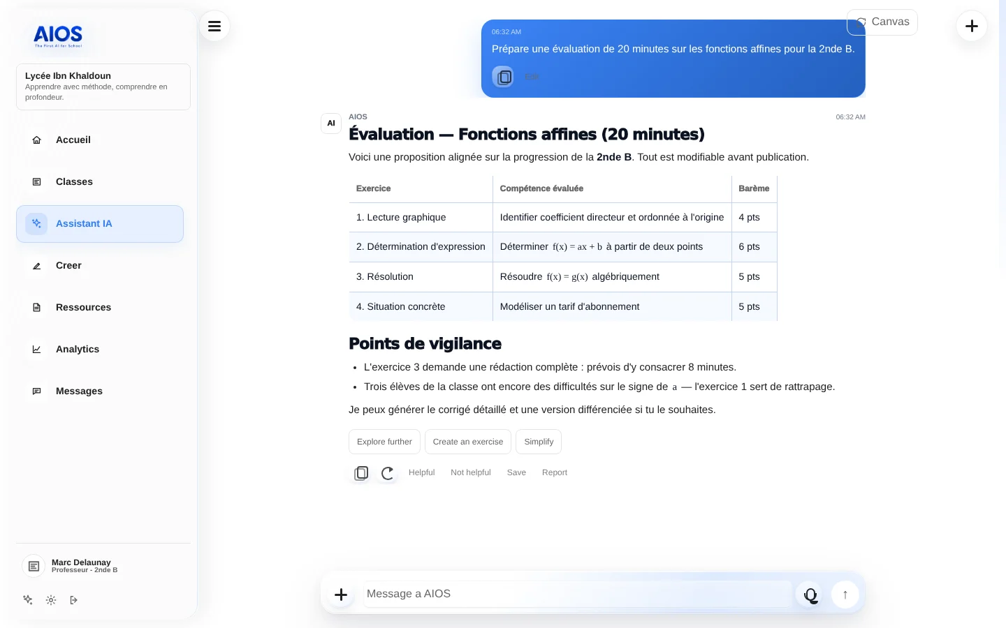 Assistant AIOS côté enseignant : trame d’évaluation présentée sous forme de tableau de compétences et de barème.